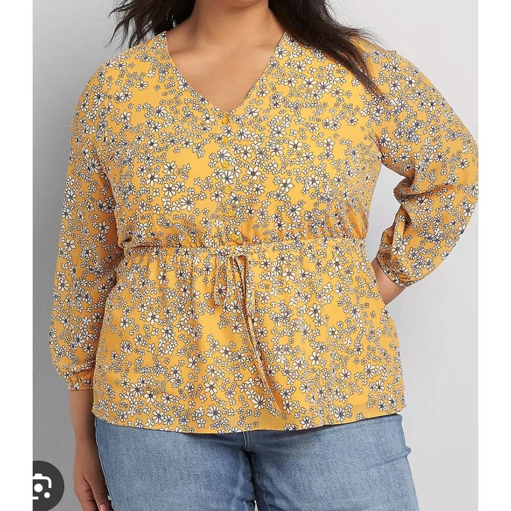Lane Bryant Peplum Blouse Top Women's Size 24 Yellow Floral Long Sleeves Button